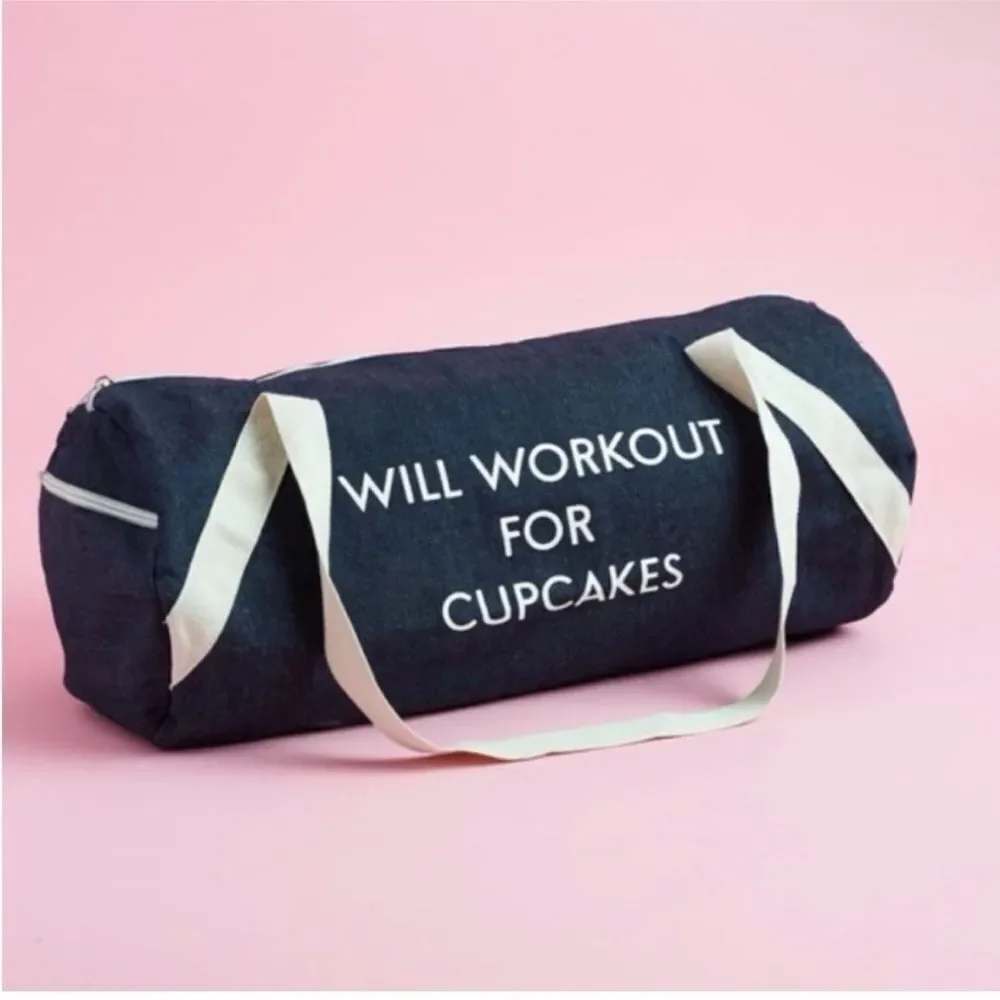 WILL WORKOUT FOR CUPCAKES Denim Look Gym Bag Duffel
